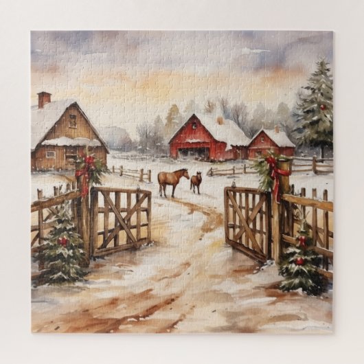  winterkerst Boerderij scène met paarden Legpuzzel (Verticaal)
