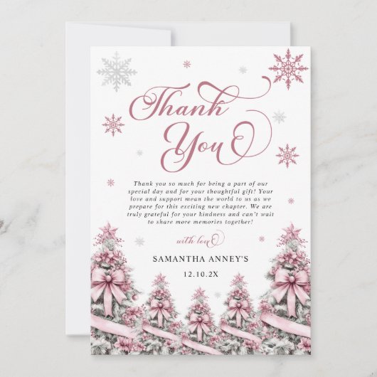 Winterkerstbomen Sneeuwvlokken Roze Baby shower Bedankkaart (Voorkant)