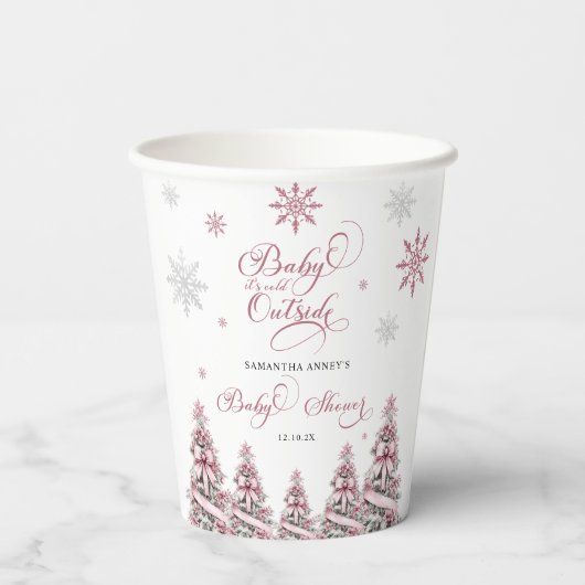 Winterkerstbomen Sneeuwvlokken Roze Baby shower Papieren Bekers (Achterkant)