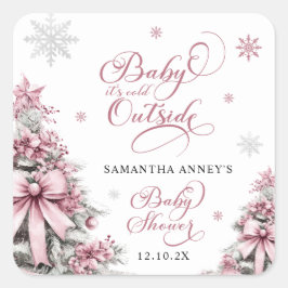 Winterkerstbomen Sneeuwvlokken Roze Baby shower Vierkante Sticker