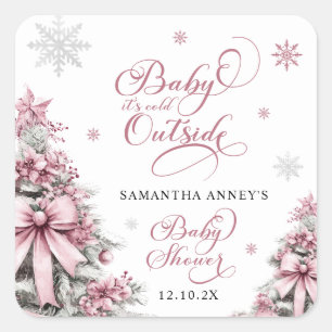 Winterkerstbomen Sneeuwvlokken Roze Baby shower Vierkante Sticker
