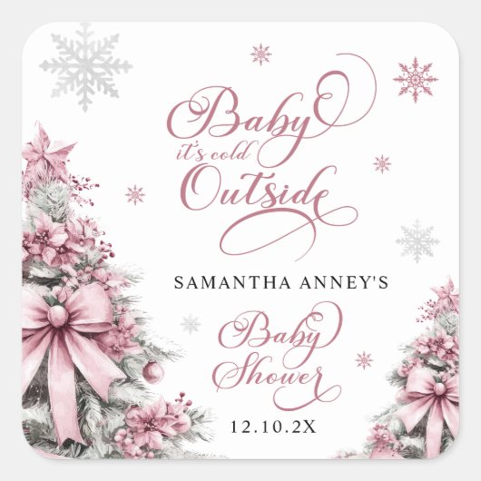 Winterkerstbomen Sneeuwvlokken Roze Baby shower Vierkante Sticker (Voorkant)