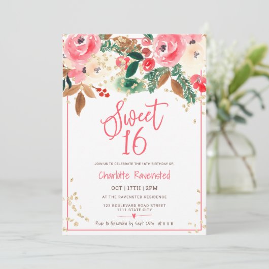 Winterkerstflorale Waterverf foto Sweet 16 Kaart (Staand voorkant)