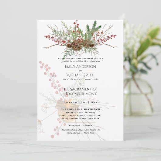 Winterkerstkatholieke bruiloft Nuptial Mass Kaart (Staand voorkant)