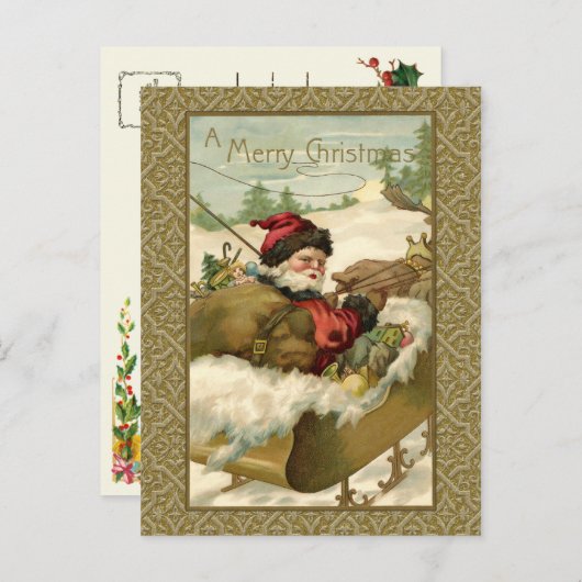  winterkerstman in Golden Sleigh Feestdagenkaart (Voorkant / Achterkant)