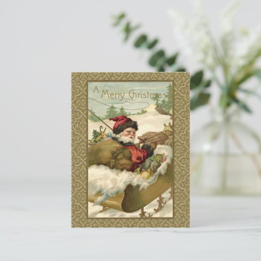  winterkerstman in Golden Sleigh Feestdagenkaart (Staand voorkant)