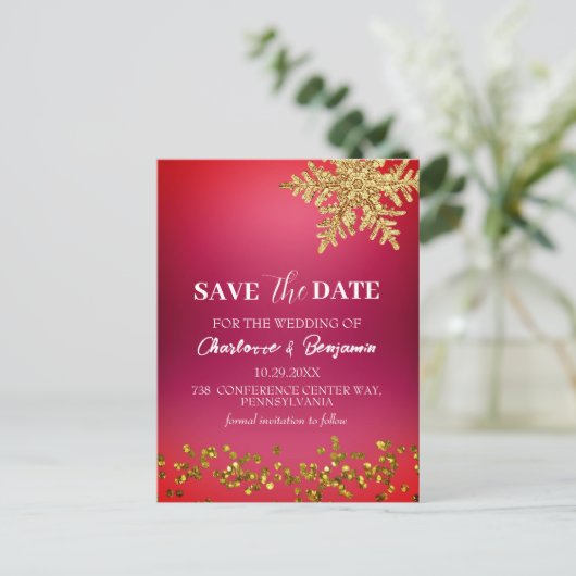 Winterkerstrood huwelijk sparen de datum briefkaart (Staand voorkant)