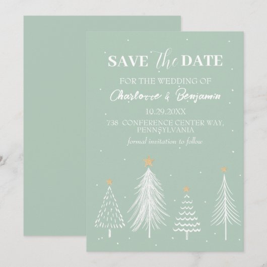 Winterkerstsage Green Save the Date Weddenschap (Voorkant / Achterkant)