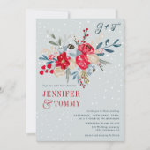 Winterkerstsneeuw rode florale foto bruiloft kaart (Voorkant)