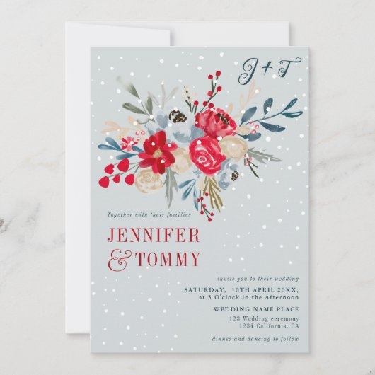 Winterkerstsneeuw rode florale foto bruiloft kaart (Voorkant)