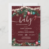 Winterkerstverlichting besneeuwd dennenbos baby sh kaart (Voorkant)