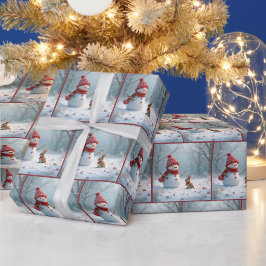 Winterkonijn met een sneeuwpop cadeaupapier