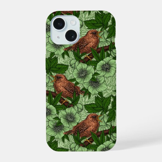 Winterkoning en kerstroos, lichtgroen iPhone 15 case (Achterkant)