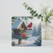 Winterkoning op een feestelijke vogelhuisje feestdagenkaart (Staand voorkant)