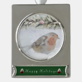 Winterkoning Robin Vogel Verzilverd Banner Ornament (Voorkant)