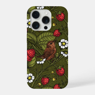 Winterkoninkjes en aardbeien op donkergroen iPhone 15 pro case