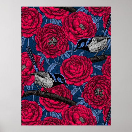 Winterkoninkjes in de pioenrozen poster (Voorkant)