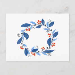 Winterkrans. Blauwe bladeren en rode bessen Briefkaart