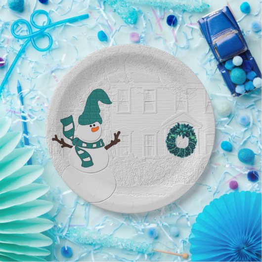 Winterkrans in Blauwgroen met Snowman Vakantiehuis Papieren Bordje (Feest)