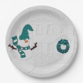 Winterkrans in Blauwgroen met Snowman Vakantiehuis Papieren Bordje (Voorkant)
