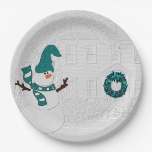 Winterkrans in Blauwgroen met Snowman Vakantiehuis Papieren Bordje