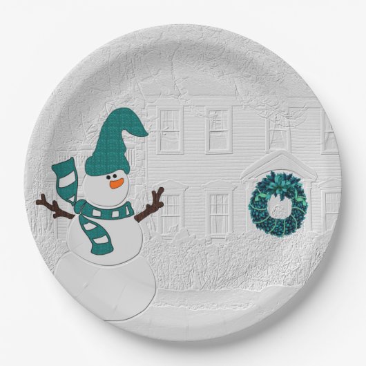 Winterkrans in Blauwgroen met Snowman Vakantiehuis Papieren Bordje (Voorkant)
