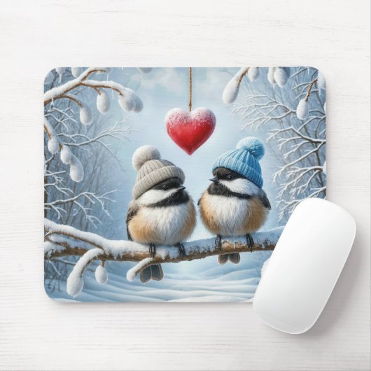 Winterkuikens met rood hart muismat (Met muis)