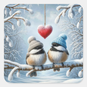 Winterkuikens met rood hart vierkante sticker