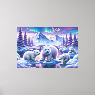 Winterkunst met Noorderlicht en ijsberenwelpen Canvas Afdruk