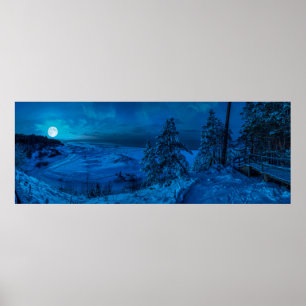 Winterkust van het zee in maanlicht poster