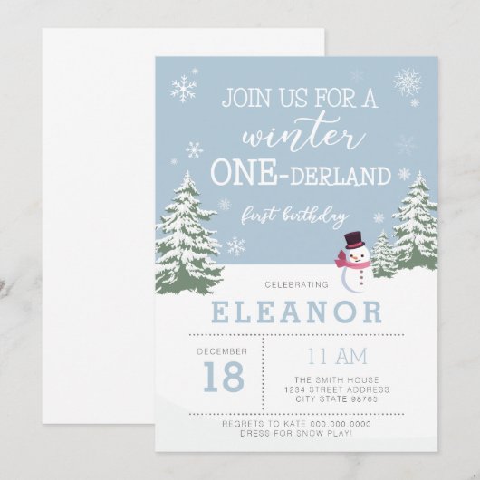 winterland 1e verjaardag uitnodiging (Voorkant / Achterkant)