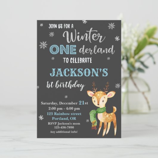 Winterland 1e verjaardag uitnodiging Deer (Staand voorkant)