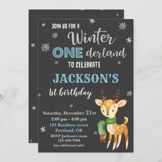 Winterland 1e verjaardag uitnodiging Deer (Voorkant / Achterkant)