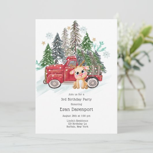 Winterland Vrachtwagen en Baby Rudolph Verjaardags Kaart (Staand voorkant)