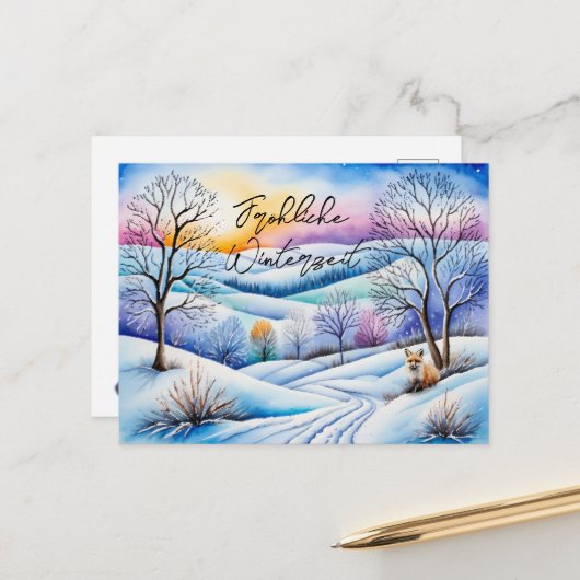 Winterlandschaft in der Abenddämmerung mit Fuchs | Briefkaart (Voorkant / Achterkant in situ)