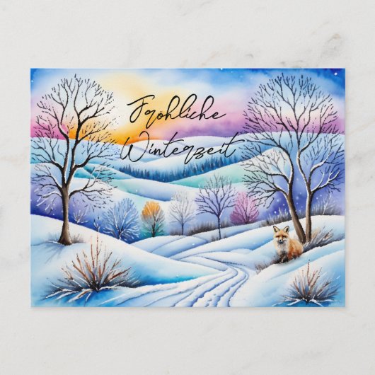 Winterlandschaft in der Abenddämmerung mit Fuchs | Briefkaart (Voorkant)