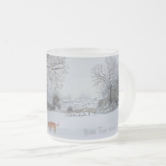 Winterlandschap afbeelding met honden spelen in sn matglas koffiemok (Voorkant rechts)