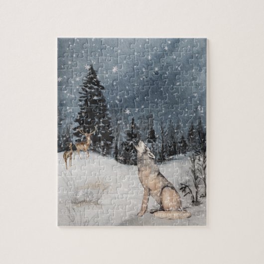 Winterlandschap Aquarel Wolf Herten Legpuzzel (Verticaal)