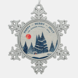 Winterlandschap Besneeuwd Bos Maan Familie Tin Sneeuwvlok Ornament