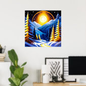 Winterlandschap bij nacht met besneeuwde bergen poster (Thuiskantoor)