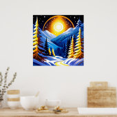 Winterlandschap bij nacht met besneeuwde bergen poster (Keuken)