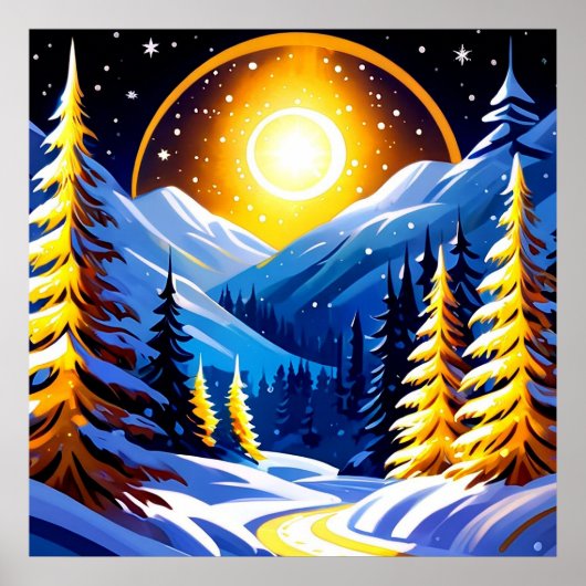 Winterlandschap bij nacht met besneeuwde bergen poster (Voorkant)