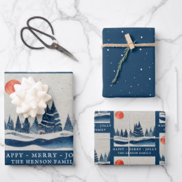 Winterlandschap bos maan marineblauw tekening inpakpapier vel