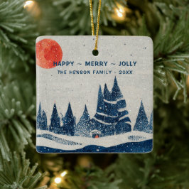 Winterlandschap bos maan marineblauw tekening keramisch ornament