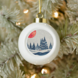 Winterlandschap bos maan marineblauw tekening keramische bal ornament