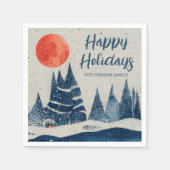 Winterlandschap bos maan marineblauw tekening servet (Voorkant)