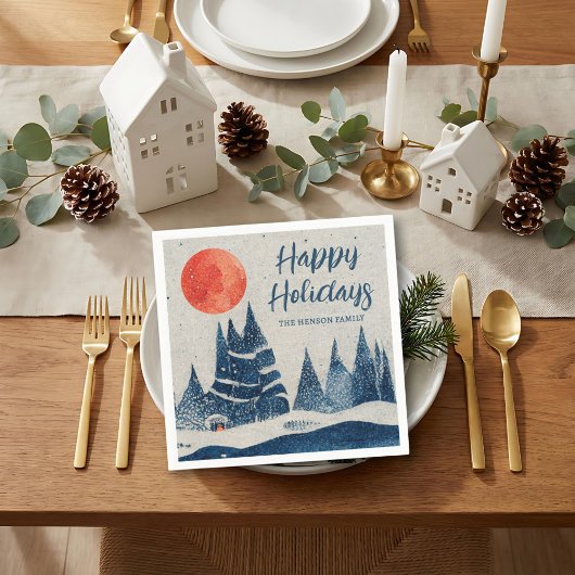 Winterlandschap bos maan marineblauw tekening servet
