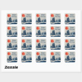 Winterlandschap bos maan marineblauw tekening vierkante sticker (Vel)