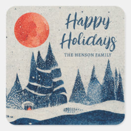 Winterlandschap bos maan marineblauw tekening vierkante sticker