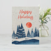 Winterlandschap Bos Oranje Maan Marineblauw Feestdagenkaart (Staand voorkant)